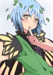  1girl aqua_hair blush butterfly_wings closed_mouth dress eternity_larva eyebrows_visible_through_hair fairy finger_to_mouth fingernails green_dress hair_between_eyes highres index_finger_raised leaf leaf_on_head mizune_(winter) multicolored_clothes multicolored_dress short_hair short_sleeves single_strap solo touhou upper_body wings yellow_eyes 