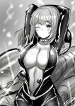  1girl absurdres arms_up bangs biker_clothes breasts cleavage eyebrows_visible_through_hair greyscale guardian_tales highres jewelry large_breasts looking_at_viewer medium_hair monochrome mopqrkdnl1 movie_star_eugene one_eye_closed open_clothes pendant signature solo zipper 