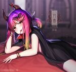  1girl bangle bat_hair_ornament black_cape blush bracelet cape character_name hair_ornament hairclip highres horns jewelry kantai_collection long_hair looking_at_viewer open_mouth purple_hair revision smile solo tsushima_(kancolle) twitter_username unidentified_nk vampire_costume yellow_eyes 