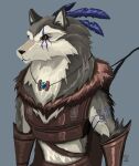  amber_eyes ambiguous_gender anthro armello armor biped black_nose bow_(weapon) canid canine canis feathers grey_background hi_res jewelry leather leather_armor mammal necklace ranged_weapon river_(armello) simple_background solo standing video_games weapon wolf wolfdawg 