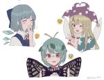  +++ 3girls american_flag_dress antennae aqua_hair blonde_hair blue_bow blue_dress blue_hair blush bow butterfly_wings cirno closed_eyes clownpiece collared_shirt dress emoji eternity_larva fairy fairy_wings hair_between_eyes hair_bow hat ice ice_wings jester_cap leaf leaf_on_head long_hair multicolored_clothes multicolored_dress multiple_girls one_eye_closed open_mouth orange_eyes pink_eyes polka_dot_headwear puffy_short_sleeves puffy_sleeves purple_headwear shirt short_hair short_sleeves simple_background smile star_(symbol) star_print striped striped_dress suzushiro_(daikon793) touhou twitter_username v vertical-striped_dress vertical_stripes white_background white_shirt wings 