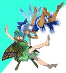  2girls antennae aqua_hair bare_legs barefoot black_eyes blue_bow blue_dress blue_eyes blue_hair bow butterfly_wings cirno commentary_request dress eternity_larva eyebrows_visible_through_hair fairy flower green_dress grin hair_between_eyes hair_bow ice ice_wings leaf leaf_on_head multicolored_clothes multicolored_dress multiple_girls open_mouth partial_commentary sachy_(sachichy) short_hair single_strap smile sunflower tanned_cirno touhou wings 