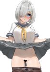  1girl absurdres black_legwear blue_eyes breasts censored clothes_lift clothes_pull grey_skirt hair_ornament hair_over_one_eye hairclip hamakaze_(kancolle) heart heart_censor highres kantai_collection large_breasts lifted_by_self miniskirt navel neckerchief onion_(kumagaioyr) panties panty_pull pantyhose pantyhose_pull pleated_skirt short_hair silver_hair skirt skirt_lift solo underwear white_panties yellow_neckerchief 