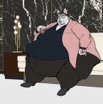  alcohol anthro belly belly_overhang beverage big_belly big_butt black_hair butt canid canine canis classy claws clothed clothing detailed_background domestic_dog fur furniture grey_body grey_fur hair hand_on_hip hi_res holding_beverage holding_object husky inside lamp male mammal moobs morbidly_obese morbidly_obese_anthro morbidly_obese_male nordic_sled_dog obese obese_anthro obese_male overweight overweight_anthro overweight_male sitting smile sofa solo spitz thick_thighs wide_hips yasano 