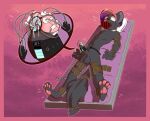  anthro bed black_body black_fur cuff_(restraint) darkzoul edging fur furniture gag green_eyes hair machine male multicolored_hair overstimulation pillow pink_hair pink_paws purple_hair restraints simple_background solo technophilia tentacles wide_eyed 
