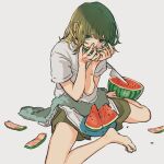  1girl barefoot eating food fruit green_eyes green_hair green_shorts highres jimao knife looking_at_viewer on_ground original shirt short_hair short_sleeves shorts sitting solo towel watermelon watermelon_seeds white_background white_shirt 