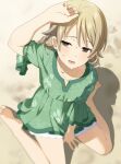  1girl arm_up barefoot blush brown_eyes brown_hair collarbone green_shirt idolmaster idolmaster_cinderella_girls long_hair mattaku_mousuke morikubo_nono open_mouth ringlets sand shading_eyes shirt short_shorts short_sleeves shorts sitting solo sweat twitter_username wariza white_shorts 