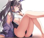  1girl absurdres animal_ears ass azur_lane bare_hips bare_legs bare_shoulders breasts cleavage cleavage_cutout closed_mouth clothing_cutout crotch_seam finger_to_mouth halterneck highres jacket jacket_partially_removed large_breasts legs_up looking_at_viewer moyoron pamiat_merkuria_(azur_lane) playboy_bunny purple_eyes purple_hair rabbit_ears sitting solo thick_thighs thighs underboob v-shaped_eyebrows 