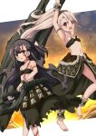  armpits bangs bare_shoulders black_hair body_markings breasts brown_eyes cosplay fate/kaleid_liner_prisma_illya fate_(series) greatsword heracles_(fate) heracles_(fate)_(cosplay) highres illyasviel_von_einzbern long_hair looking_at_viewer miyu_edelfelt morokoshi_(tekku) open_mouth prisma_illya red_eyes small_breasts white_hair 