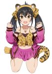  1girl :d animal_ear_fluff animal_ears animal_print bangs bare_shoulders black_hair black_tank_top brown_camisole brown_eyes brown_hairband camisole claw_pose collarbone fake_animal_ears full_body hair_between_eyes hair_ribbon hairband hands_up heart_pendant idolmaster idolmaster_cinderella_girls jacket leopard_ears leopard_print leopard_tail long_hair long_sleeves matoba_risa mattaku_mousuke navel off_shoulder open_clothes open_jacket paw_shoes pink_jacket pink_skirt pleated_skirt print_camisole ribbon simple_background sitting skirt sleeves_past_wrists smile solo tail tank_top twintails twitter_username v-shaped_eyebrows wariza white_background 