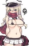  1girl bikini black_bikini blonde_hair breasts cheerleader commentary_request cowboy_shot crop_top graf_zeppelin_(kancolle) grey_eyes hair_between_eyes kantai_collection large_breasts micro_bikini nakadori_(movgnsk) plaid plaid_scarf pleated_skirt pom_pom_(cheerleading) red_scarf scarf sidelocks simple_background skirt sleeveless solo squiggle standing swimsuit twintails white_background white_skirt 
