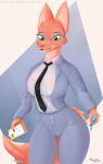  2021 absurd_res anthro blue_clothing business_suit canid canine clothing diane_foxington dreamworks eyewear facebook fox fur glasses gwyn_diesel hi_res holding_object mammal necktie pencil_(disambiguation) simple_background suit text the_bad_guys url white_background white_clothing 