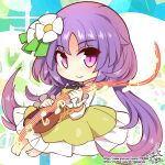 1girl bangs barefoot biwa_lute brown_dress chain chibi closed_mouth dress eyebrows_visible_through_hair flower frilled_dress frills gold_chain hair_flower hair_ornament happy instrument long_hair long_sleeves looking_at_viewer lute_(instrument) music musical_note playing_instrument purple_eyes purple_hair smile touhou tsukumo_benben twintails umigarasu_(kitsune1963) 