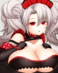  1girl asamura_hiori azur_lane breasts cleavage eyebrows_visible_through_hair gloves grey_hair highres huge_breasts looking_at_viewer maid maid_headdress open_mouth partially_fingerless_gloves prinz_adalbert_(azur_lane) red_eyes solo twintails underboob 