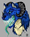  2017 anthro big_teeth blue_body blue_eyes blue_fur blue_tongue bodily_fluids canid canine digital_media_(artwork) fur green_saliva grey_background headshot_portrait hi_res horn male mammal multicolored_body multicolored_fur portrait saliva simple_background solo tan_body tan_fur teeth tongue two_tone_body two_tone_fur wolfdawg 