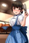  1girl absurdres apron bakery bangs basket black_hair blue_apron blue_neckwear blue_skirt blunt_bangs blurry blurry_background blush bread brown_eyes ceiling eyebrows_visible_through_hair food highres holding holding_basket holding_tongs indoors looking_at_viewer matsunaga_kouyou nose_blush open_mouth original shirt shop short_hair short_sleeves skirt smile solo standing teeth tongs unmoving_pattern upper_teeth white_shirt 