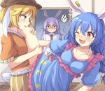  !? 3girls ;d @_@ animal_ears arm_support bangs blue_dress blue_hair blush braid breasts brown_headwear buttons cabbie_hat closed_mouth collarbone collared_shirt commentary_request dress dry_humping ear_tag fang floppy_ears frills hat highres humping light_purple_hair long_hair medium_breasts midriff multiple_girls necktie neko_mata one_eye_closed orange_shirt parted_bangs pink_skirt pleated_skirt puffy_short_sleeves puffy_sleeves rabbit_ears rabbit_tail red_eyes red_necktie red_neckwear reisen_udongein_inaba ringo_(touhou) seiran_(touhou) sex shaded_face shirt short_hair short_sleeves shorts skin_fang skirt smile standing striped striped_shorts sweatdrop tail tears touhou twin_braids walk-in white_shirt wing_collar wooden_floor wooden_table yellow_shorts 