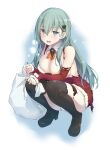  1girl aqua_hair black_footwear boots breasts christmas christmas_tree_hair_ornament detached_sleeves dress fur-trimmed_dress fur-trimmed_sleeves fur_trim grey_eyes hair_ornament hairclip highres kantai_collection large_breasts long_hair long_sleeves red_dress red_sleeves sack sakana_(flame_sakana) santa_costume santa_dress short_dress solo suzuya_(kancolle) thigh_boots thighhighs torn_clothes torn_dress torn_sleeves 