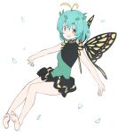 1girl absurdres adapted_costume antennae aqua_hair bare_legs barefoot black_dress brown_eyes butterfly_wings detached_wings dress eternity_larva eyebrows_visible_through_hair fairy full_body green_dress hair_between_eyes highres kt_kkz leaf leaf_on_head multicolored_clothes multicolored_dress open_mouth short_hair simple_background single_strap smile solo touhou white_background wings 