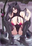  1girl :p bangs bare_shoulders black_hair black_legwear black_leotard blush breasts cleavage commentary_request covered_navel executioner_(girls&#039;_frontline) eyes_visible_through_hair full_body girls&#039;_frontline green_nails hand_on_own_head highres horns large_breasts leotard long_hair looking_at_viewer mechanical_arms mechanical_legs nail_polish parted_lips popoman red_eyes sangvis_ferri sideboob smile solo squatting thighhighs thighs tongue tongue_out torn_clothes torn_legwear 