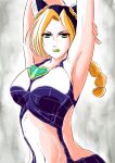  armpits arms_behind_head arms_up black_hair blonde_hair braid braided_bun breasts closed_mouth double_bun green_eyes green_lips heart jojo_no_kimyou_na_bouken kujo_jolyne large_breasts lips lipstick looking_at_viewer makeup medium_breasts navel 