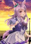  1girl animal_ears bench bow clenched_hand commentary_request fence hair_bow highres horse_ears horse_girl horse_tail kouji_(campus_life) lamppost long_hair looking_at_viewer mejiro_mcqueen_(umamusume) open_mouth park_bench pink_hair pleated_skirt puffy_short_sleeves puffy_sleeves purple_eyes school_uniform short_sleeves skirt smile solo sunset tail tracen_school_uniform umamusume upper_body 