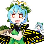  2girls antennae aqua_hair blue_bow blue_dress blue_eyes blue_hair blush bow butterfly_wings cirno collared_shirt dress eternity_larva eyebrows_visible_through_hair fairy green_dress hair_between_eyes hair_bow holding ice ice_wings leaf leaf_on_head multicolored_clothes multicolored_dress multiple_girls open_mouth orange_eyes shirt short_hair short_sleeves simple_background single_strap smile touhou white_background white_shirt wings yaise 