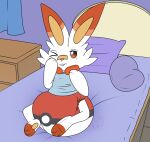  ambiguous_gender anthro bed bedroom diaper furniture hi_res kibacpup lagomorph leporid mammal nintendo padded padding pillow pok&eacute;mon pok&eacute;mon_(species) rabbit scorbunny solo tired video_games 