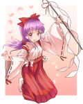  absurdres bangs bow detached_sleeves eyebrows_visible_through_hair gohei hair_bow hair_tubes hakama hakama_skirt hakurei_reimu hakurei_reimu_(pc-98) happy highres japanese_clothes kimono long_hair miko no_shoes open_mouth purple_hair red_bow red_eyes red_hakama red_skirt ribbon-trimmed_sleeves ribbon_trim sidelocks skirt socks takepoison touhou touhou_(pc-98) white_bow white_kimono white_legwear wide_sleeves 