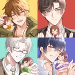  4boys artem_wing_(tears_of_themis) bangs black_jacket blue_eyes brown_eyes brown_hair brown_vest closed_mouth doll earrings forehead glasses green_background green_jacket grin h_haluhalu415 highres holding jacket jewelry looking_at_viewer luke_pearce_(tears_of_themis) marius_von_hagen_(tears_of_themis) mole mole_under_eye multiple_boys necklace one_eye_closed open_mouth polo_shirt purple_background purple_eyes purple_hair red_background rosa_(tears_of_themis) shirt simple_background smile tears_of_themis teeth vest vyn_richter_(tears_of_themis) white_hair white_jacket white_shirt yellow_background yellow_eyes 