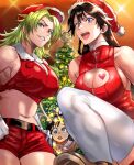  1boy 2girls androgynous bambietta_basterbine black_hair bleach bleach:_the_thousand-year_blood_war blue_eyes breasts candice_catnipp christmas christmas_tree cleavage cleavage_cutout clothing_cutout daraz18aka giselle_gewelle gloves green_eyes green_hair hat highres large_breasts long_hair looking_at_viewer multiple_girls open_mouth quincy revealing_clothes short_shorts shorts sideboob smirk stomach thighhighs white_gloves 
