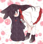  1girl animal animal_ears bent_over black_footwear black_hair blush_stickers bonim braid bunny cherry dress eye_contact flower food fruit fruit_background full_body hair_flower hair_ornament long_hair long_sleeves looking_at_animal looking_at_another looking_down looking_up neckerchief original paw_shoes petticoat rabbit_ears red_flower red_neckerchief red_rose rose side_braid single_braid sleeves_past_wrists standing straight_hair thighhighs white_dress white_legwear 