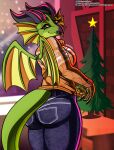  absurd_res anthro artofthediscipline big_butt bottomwear butt christmas clothing denim denim_clothing dragon female gucci hi_res holidays jeans looking_at_viewer pants plant smile solo tree 