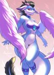  annham anthro belly black_hair blue_body blue_nose breasts dragon female flying front_view fur hair hi_res horn multicolored_body multicolored_fur navel pink_body pink_horn pink_wings purple_body red_eyes solo solo_focus white_body wings 