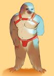  2021 anthro artist_name belly biped brown_body brown_fur bulge chubby-shark claws clothed clothing digital_drawing_(artwork) digital_media_(artwork) fur hand_behind_back harness jockstrap jockstrap_only male mammal moobs navel orange_background overweight overweight_anthro overweight_male pilosan red_clothing red_harness red_jockstrap red_underwear shadow simple_background sloth smile solo standing tan_body tan_fur underwear underwear_only xenarthran 