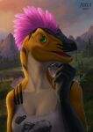  2021 5_fingers anthro aurru breasts clothed clothing day detailed_background digital_media_(artwork) dinosaur female fingers green_eyes non-mammal_breasts open_mouth outside reptile scalie sky smile teeth tongue 