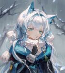  1girl animal_ears arknights bangs blush cat_ears cat_girl commentary fingerless_gloves gloves green_eyes highres hood hood_down hooded_jacket jacket long_hair rosmontis_(arknights) scarf silver_hair solo spacelongcat tongue tongue_out white_scarf 
