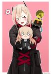  1girl banana_(girls&#039;_frontline) black_coat blonde_hair closed_eyes coat commission darkpulsegg girls&#039;_frontline headgear heart highres long_sleeves m4_sopmod_ii_(girls&#039;_frontline) m4_sopmod_ii_jr mechanical_arms megaphone multicolored_hair red_hair single_mechanical_arm speech_bubble spoken_heart streaked_hair 