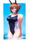  1girl arms_behind_back breasts brown_eyes brown_hair cleavage closed_mouth competition_swimsuit hair_between_eyes headgear kantai_collection large_breasts looking_at_viewer mutsu_(kancolle) one-piece_swimsuit outside_border partially_submerged short_hair solo swimsuit wet yue_(tada_no_saboten) 