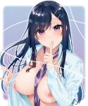  1girl areolae bekotarou between_breasts blue_hair blush breasts collared_shirt finger_to_mouth highres index_finger_raised large_breasts long_sleeves looking_at_viewer necktie necktie_between_breasts nipples no_bra open_clothes original purple_eyes shirt shushing solo teeth upper_teeth 