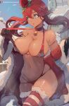  1girl bangs bare_shoulders bell bikini blue_eyes blush breasts brown_gloves choker christmas cleavage coat fur-trimmed_coat fur_trim gloves hair_ornament large_breasts long_hair long_sleeves mirai_hikari neck_bell off_shoulder one_side_up open_clothes open_coat open_mouth pokemon pokemon_(game) pokemon_bw red_bikini red_coat red_hair red_legwear sidelocks skyla_(pokemon) solo swimsuit thighhighs thighs tied_hair 