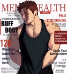  1boy bare_shoulders beard black_pants boku_no_hero_academia collarbone earrings endeavor_(boku_no_hero_academia) english_text facial_hair grey_background highres jewelry keva_(liltkeva) male_focus mature_male mouth_hold muscular muscular_male one_eye_closed pants pectorals red_hair scar scar_across_eye scar_on_face short_hair sideburns solo spiked_hair tank_top 