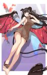  1girl absurdres arm_up artist_name bangs bare_legs barefoot black_hair black_nails breasts brown_footwear brown_sweater_vest demon_horns demon_tail demon_wings eyebrows_visible_through_hair full_body girls&#039;_frontline heterochromia highres horns legs long_hair looking_at_viewer medium_breasts multicolored_hair nail_polish open_mouth red_eyes regenerate-x ro635_(girls&#039;_frontline) shoes sideboob simple_background single_shoe soles solo sweater_vest tail wings yellow_eyes 
