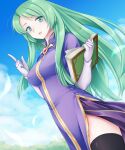  1girl black_legwear blue_sky book breasts cecilia_(fire_emblem) collared_dress dress elbow_gloves fire_emblem fire_emblem:_the_binding_blade gloves green_eyes green_hair ham_pon highres holding holding_book index_finger_raised jewelry large_breasts long_hair looking_at_viewer open_book open_mouth outdoors purple_dress short_sleeves sky smile solo thighhighs very_long_hair white_gloves zettai_ryouiki 
