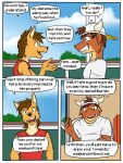  anthro backwards_baseball_cap backwards_hat baseball_cap bovid bovine canid canine canis cattle clothed clothing comic coyote dialogue duo english_text fully_clothed fuze hat headgear headwear hi_res male mammal mond_reyes shirt t-shirt tank_top texnatsu text topwear ty_conrad 