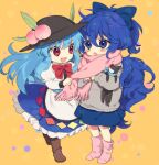  2girls adjusting_scarf apron bangs black_headwear blue_bow blue_eyes blue_hair blue_skirt blush_stickers boots bow bowtie brown_footwear commentary_request food fruit full_body grey_sweater hair_between_eyes hat_ornament hinanawi_tenshi juliet_sleeves long_hair long_sleeves messy_hair multiple_girls open_mouth peach pink_legwear pink_scarf puffy_sleeves red_bow red_bowtie red_eyes scarf shirt skirt smile stuffed_animal stuffed_cat stuffed_toy sweater tomobe_kinuko touhou white_shirt winter_clothes yellow_background yorigami_shion 