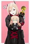  1girl banana_(girls&#039;_frontline) black_coat blonde_hair coat commission darkpulsegg girls&#039;_frontline headgear heart highres long_sleeves m4_sopmod_ii_(girls&#039;_frontline) m4_sopmod_ii_jr mechanical_arms megaphone multicolored_hair red_eyes red_hair single_mechanical_arm speech_bubble spoken_heart streaked_hair 