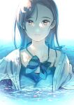  1girl afloat blue_bow blue_theme bow collarbone eyebrows_visible_through_hair furai grey_hair highres long_hair looking_at_viewer original parted_lips partially_submerged petals petals_on_liquid pink_lips purple_eyes reflection solo upper_body water wet wet_hair 