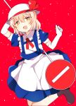  1girl apron blonde_hair blue_dress blush brown_footwear collared_dress commentary_request dress elbow_gloves gloves hat hat_ribbon highres kana_anaberal open_mouth puffy_short_sleeves puffy_sleeves red_background red_ribbon ribbon road_sign short_hair short_sleeves sign sun_hat touhou waist_apron white_apron white_gloves white_headwear yellow_eyes zeroko-san_(nuclear_f) 