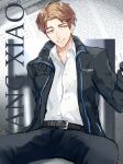  1boy aaron_yishmir_(tears_of_themis) belt belt_buckle black_jacket blue_eyes brown_hair buckle character_name forehead grin h_haluhalu415 jacket newspaper open_clothes open_jacket open_mouth polo_shirt shirt short_hair smile solo tears_of_themis teeth white_shirt 